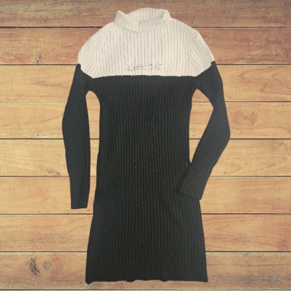 Bebe Ribbed Knit Turtleneck Crystal‎ Logo Sweater Dress